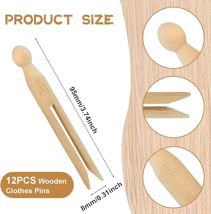 12PCS Round Wooden Clothespins for Crafts and Laundry, Wood Doll Pins Doll - Image 2