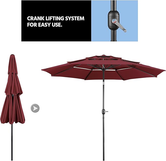 Yaheetech 3 Tier Patio Umbrella 10ft Vented Outdoor Large Market Table Umbrella with 8 Sturdy Ribs & 1.5" Umbrellla Pole, Double-layer Cloth & Push-button Tilting & Crank for Pool/Garden/Lawn Burgundy - Image 7