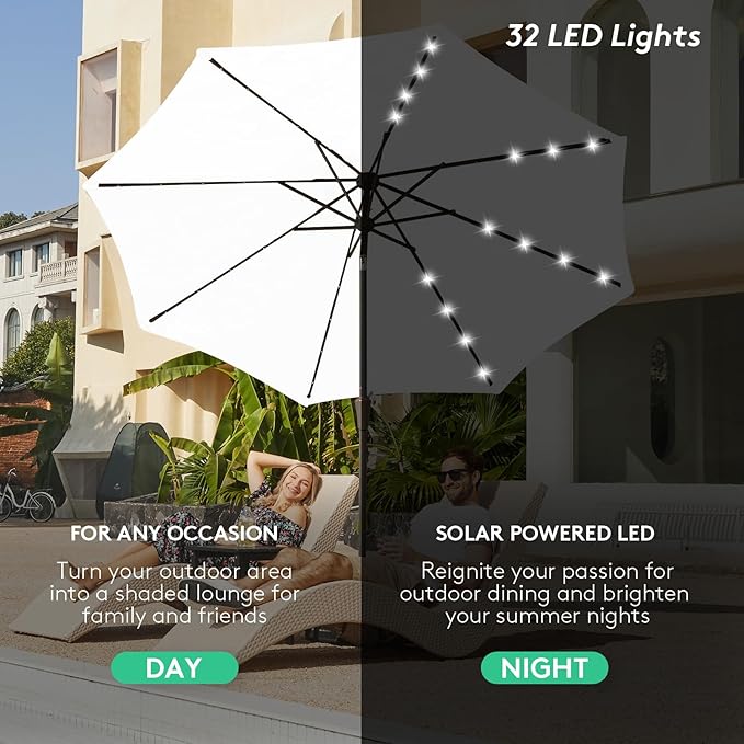 JEAREY 9FT Outdoor Patio Umbrella with Solar Lights, LED Lighted Pool Umbrella with Tilt and Crank, Outdoor Table Umbrellas for Deck, Yard & Market (Cream White) - Image 2