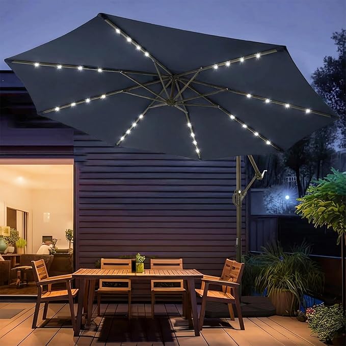 wikiwiki 10ft Solar LED Patio Umbrella with Base Included, Offset Umbrella with Weighted Sandbag Base, Cantilever Patio Umbrella for Backyard, Garden & Deck, 32 LED Lights & Polyester Shade, Navy Blue - Image 9