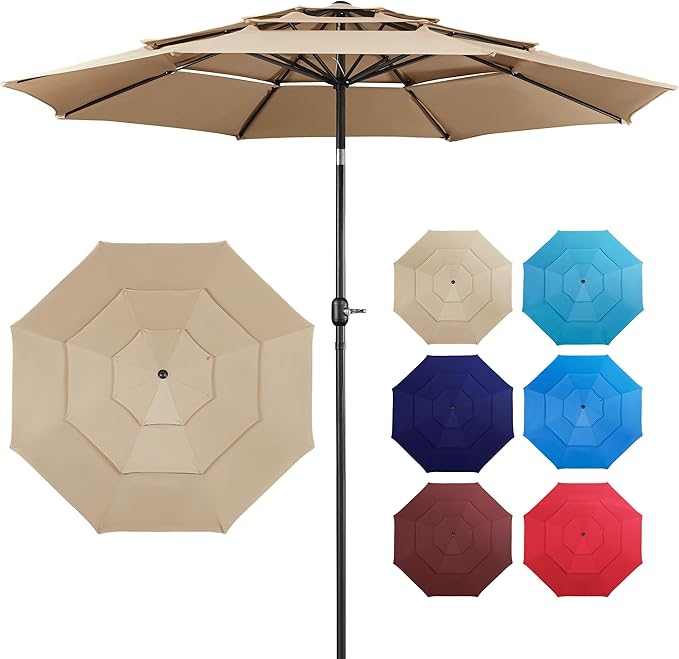 Yaheetech 3-Tier Patio Umbrella 10ft Vented Outdoor Canopy Sun Shade Large Market Table Umbrella Double-layer Cloth & Push-button Tilting for Yard/Garden/Park Tan by Yaheetech