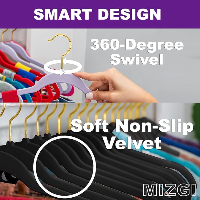 MIZGI Black Velvet Hangers 60 Pack, Premium Gold Clothes Hangers Non-Slip Felt - Image 2
