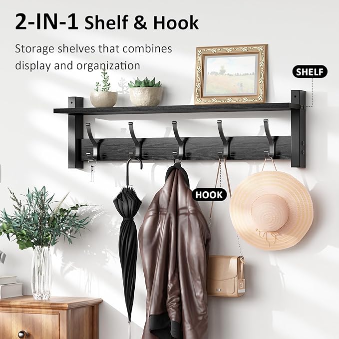 Coat Rack Wall Mount with Shelf, 24 Inch Coat Hanger Walls Mounted, Hat Rack - Image 4