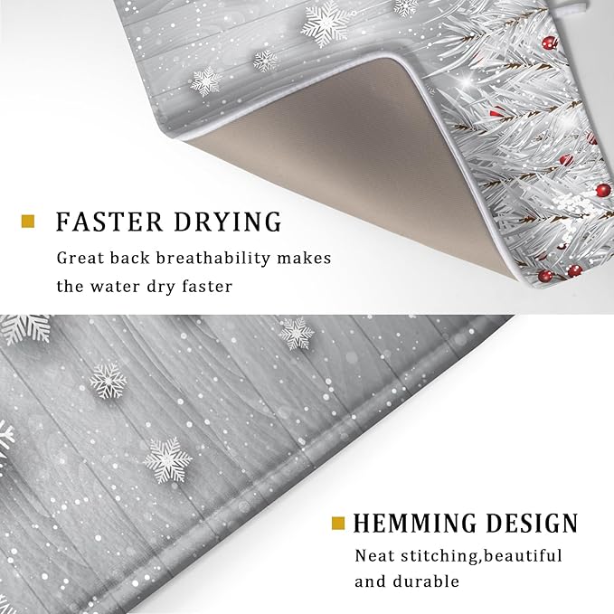 Giwawa 18"x24" Winter Snowflakes Dish Drying Mat Christmas Holly Berries Silver - Image 3