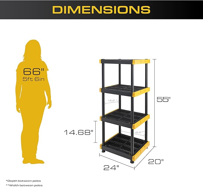 BLACK & YELLOW 4-Tier Heavy Duty Plastic Storage Shelves that Support up to 100lbs/shelf, Organization and Storage, Weather-Resistant Design, Easy Assembly, Made in The USA (55H x 24W x 20D) - Image 2