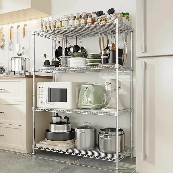 Xcity Storage Shelves, 4 Tier Heavy Duty Metal Shelving Unit with Wheels, 1600 LBS Capacity Adjustable Steel Wire Shelf Organizer for Pantry, Kitchen, Garage, 18" D x 36" W x 60" H, Chrome - Image 4