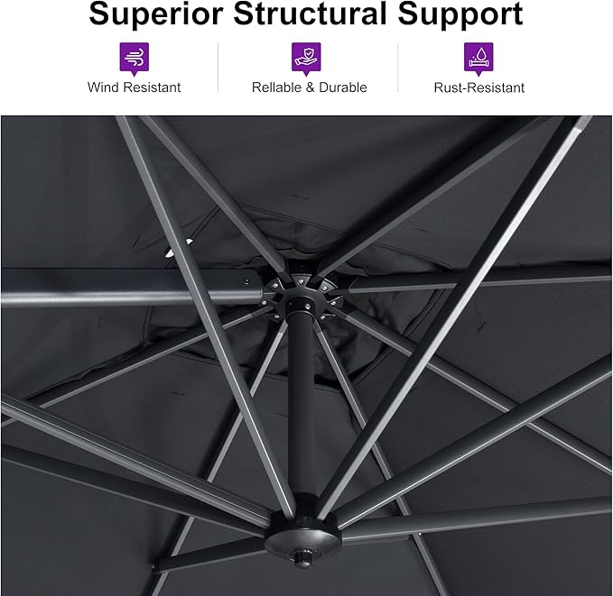 PURPLE LEAF 10 Feet Patio Umbrella with Base Outdoor Cantilever Round Umbrella Aluminum Offset Umbrella with 360-degree Rotation for Garden Deck Pool Patio, Grey - Image 3