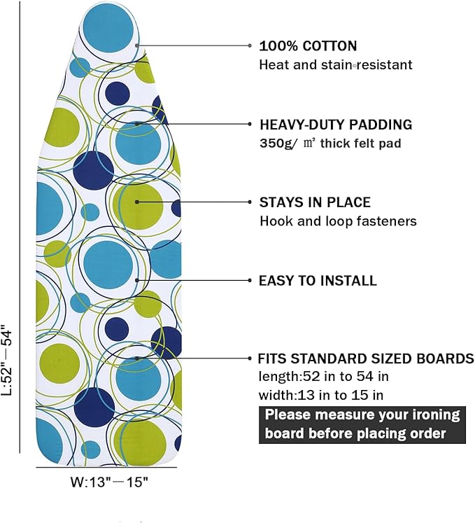 Ironing Board Cover and Pad Standard Size 15" x 54", 3 Pairs of Hook and Loop - Image 2