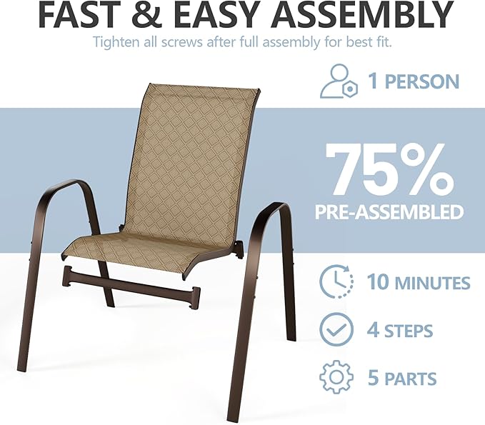 SWITTE Patio Chairs Set of 4 with Armrests, Outdoor Stackable Dining Chairs with Breathable Backrest and Metal Frame for Lawn, Garden, Deck, Poolside, Beige - Image 5