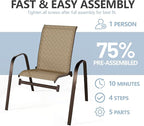 SWITTE Patio Chairs Set of 4 with Armrests, Outdoor Stackable Dining Chairs with Breathable Backrest and Metal Frame for Lawn, Garden, Deck, Poolside, Beige - Image 5