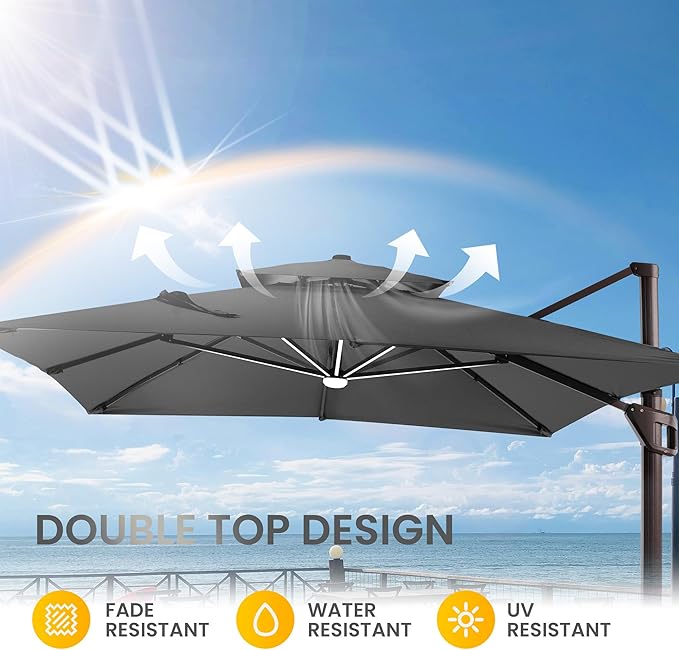 10 X 13 FT Cantilever Patio Umbrella with Led Lights and Base Included Outdoor Heavy Duty Double Top Rectangle Offset Umbrellas with 360-degree Rotation for Pool Deck Backyard, Grey - Image 8