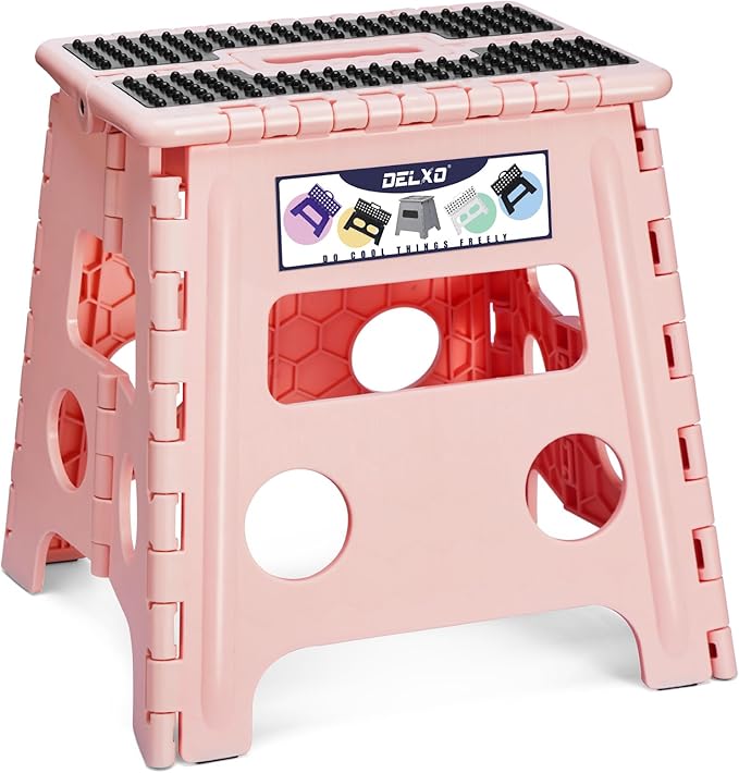 Delxo Folding Step Stool 13 Inch,Non-Slip Foldable Stools for Kids & Adults Up to 300 LBS,Kitchen Collapsible Fold Up Stepping Stool with Dotted 1 Pack,Pink by Delxo