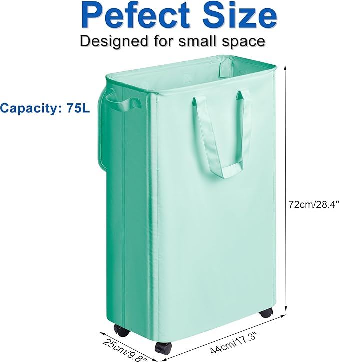 Slim Laundry Hamper with Lid and Wheels, Small Rolling Laundry Basket with - Image 2