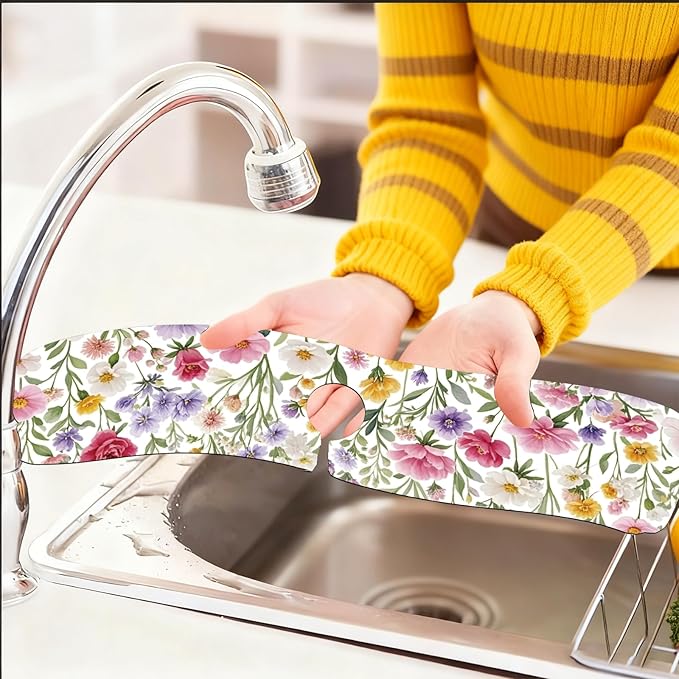 2 Pcs Kitchen Sink Splash Guard Faucet Mats Colorful Watercolor Flowers and - Image 6