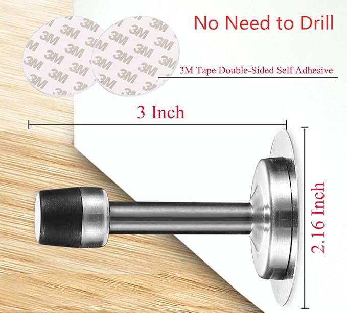 No Need to Drill/Screw in Wall Mounted Door Stopper, 3M Self Adhesive Tape - Image 2