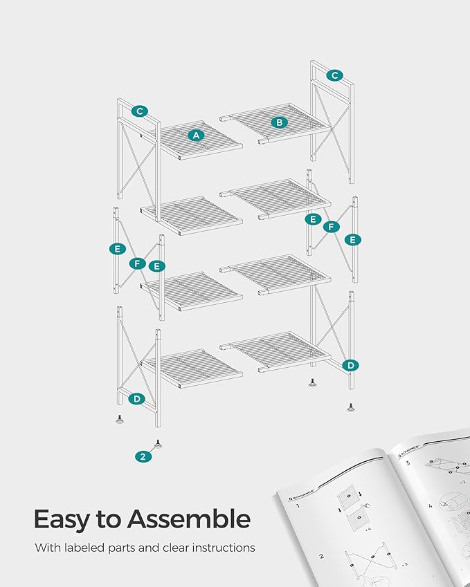 SONGMICS 4-Tier Metal Storage Rack, Shelving Unit with X Side Frames, Dense Mesh, 12.6 x 31.5 x 44.3 Inches, for Entryway, Kitchen, Living Room, Bathroom, Industrial Style, Ink Black UBSC184B01 - Image 8