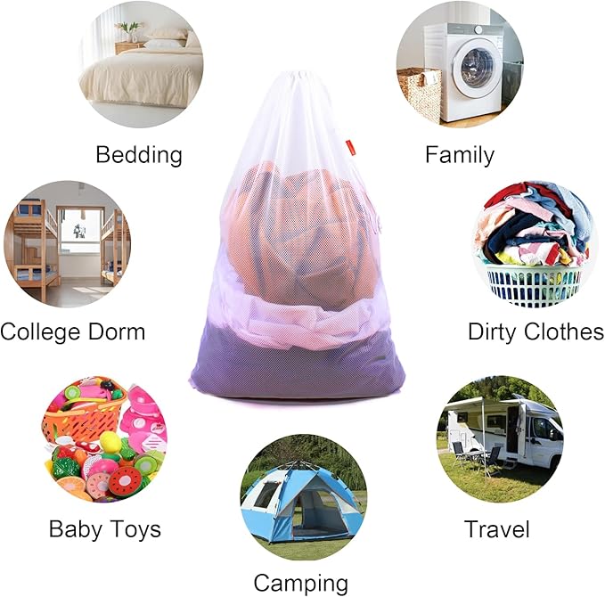 3 Pack Mesh Laundry Bags, 24 x 36 Inches Heavy Duty Drawstring Bag, Travel and - Image 3