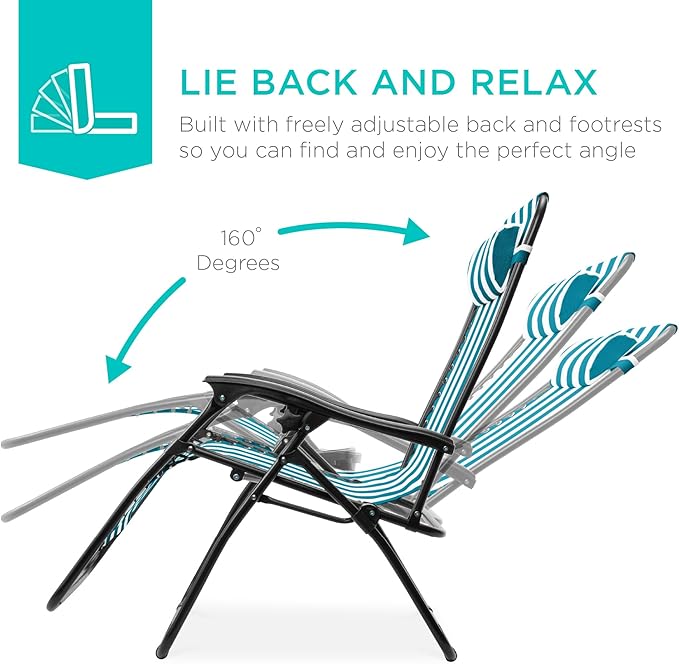 Best Choice Products Set of 2 Adjustable Steel Mesh Zero Gravity Lounge Chair Recliners w/Pillows and Cup Holder Trays - Peacock Striped - Image 3