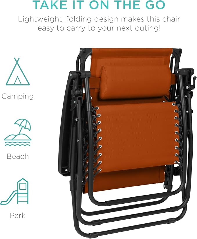 Best Choice Products 30” Wide Folding Zero Gravity Outdoor Recliner Patio Lounge Chair w/Adjustable Canopy Shade, Headrest, Side Accessory Tray - Burnt Orange - Image 9
