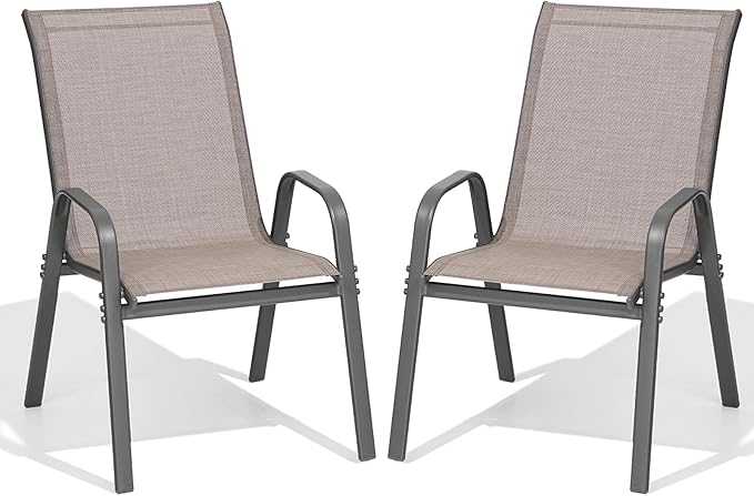 Patio Chairs Set of 2, Easily Set Up Stackable Outdoor Dining Chairs with High Back and Wide Seat, All Weather Breathable Outdoor Chairs Set of 2 with Metal Frame for Backyard Deck Pool, Brown by Dovov