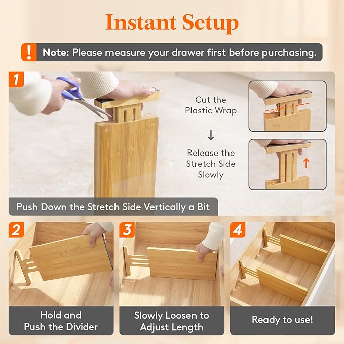 Lifewit 6" High 6 Pack Bamboo Drawer Dividers 33-42cm/13-16.5" Adjustable - Image 6
