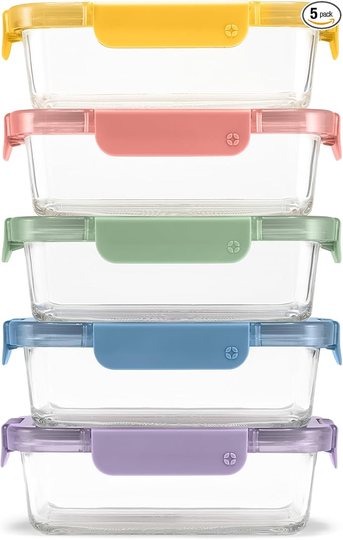 Ello Color Lock 3.4 Cup 10PC, 5 Pack Glass Meal Prep Sets Leak-Proof Glass Food by Ello