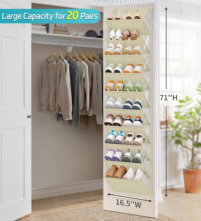 AOODA 10 Tier Clear Over The Door Shoe Organizer Storage, Deep Pockets Large - Image 2
