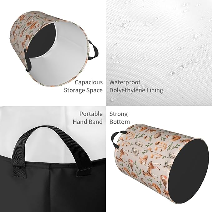 Forest Little Animal Laundry Hamper Bag, Deer Squirrel Hedgehog Fox Round - Image 3