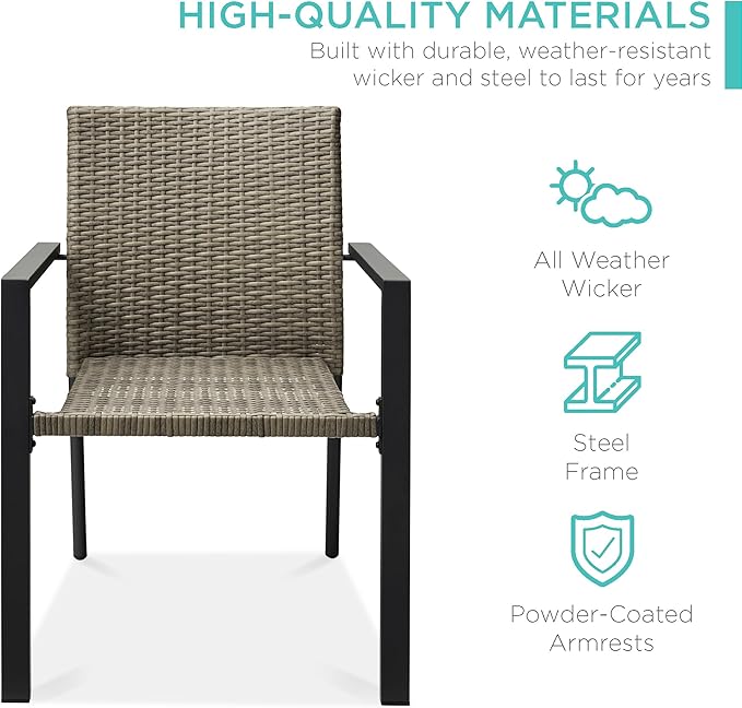 Best Choice Products Set of 2 Stackable Outdoor Wicker Dining Chairs All-Weather Firepit Armchair w/Armrests, Steel Frame for Patio, Deck, Garden, Yard - Taupe - Image 3