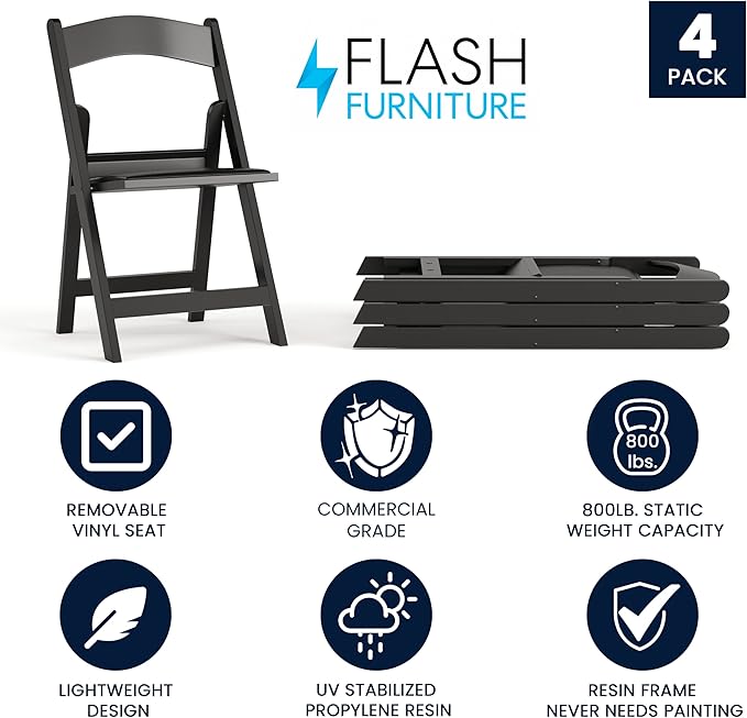 Flash Furniture Hercules Series Folding Chairs for Weddings and Formal Events, Stackable Commercial Event Seats with 1,000-lb. Static Weight Capacity, Set of 4, Black - Image 4