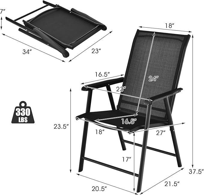 Giantex Set of 4 Patio Folding Chairs, Outdoor Chairs with Armrest, Portable Dining Chairs for Porch Camping Pool Beach Deck Lawn Garden, 4-Pack Patio Chairs, Metal Frame, Black - Image 3