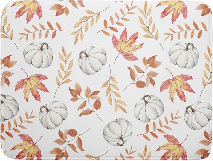 Fall Dish Drying Mat for Kitchen Counter Autumn White Pumpkins Maple Leaves by Unknown