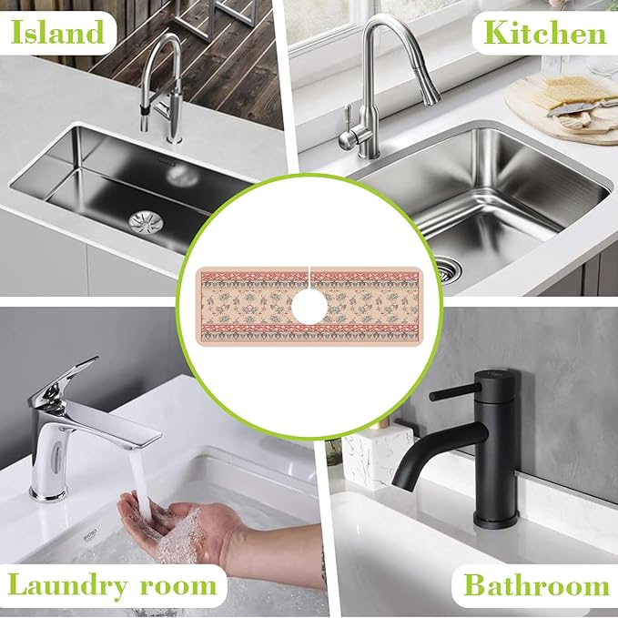 Sink Splash Guard Faucet Mat Retro Boho Flowers Absorbent Fast Drying Mat Sink - Image 7