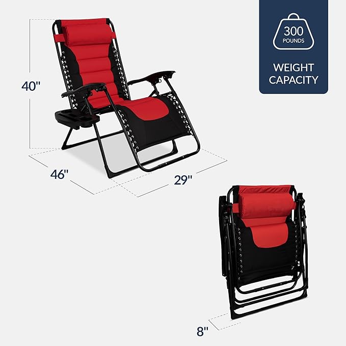 Best Choice Products Oversized Padded Zero Gravity Chair, Folding Outdoor Patio Recliner, XL Anti Gravity Lounger for Backyard w/Headrest, Cup Holder, Side Tray, Polyester Mesh - Red - Image 3