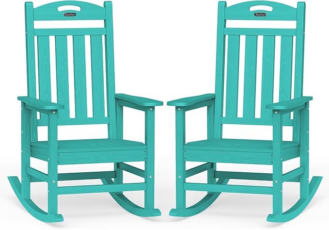 Oversized Outdoor Rocking Chair Set of 2, HDPE All-Weather Patio Rocking Chairs, High Back Outdoor Rocker for Porch, Patio, Lake Blue by Suunyn