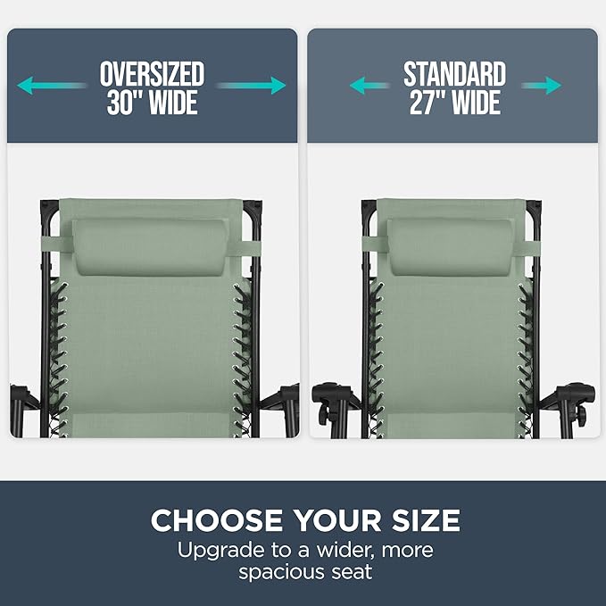 Best Choice Products 30” Wide Folding Zero Gravity Outdoor Recliner Patio Lounge Chair w/Adjustable Canopy Shade, Headrest, Side Accessory Tray - Sage Green - Image 4