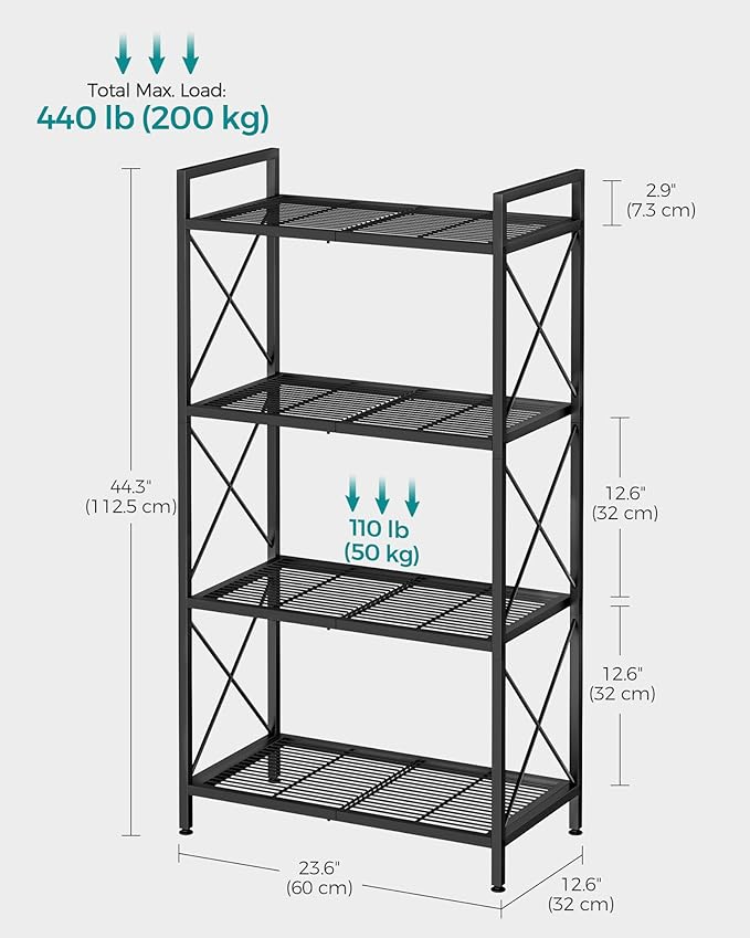 SONGMICS 4-Tier Metal Storage Rack, Shelving Unit with X Side Frames, Dense Mesh, 12.6 x 23.6 x 44.3 Inches, for Entryway, Kitchen, Living Room, Bathroom, Industrial Style, Ink Black UBSC164B01 - Image 3