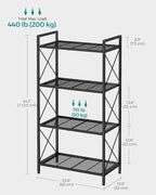 SONGMICS 4-Tier Metal Storage Rack, Shelving Unit with X Side Frames, Dense Mesh, 12.6 x 23.6 x 44.3 Inches, for Entryway, Kitchen, Living Room, Bathroom, Industrial Style, Ink Black UBSC164B01 - Image 3