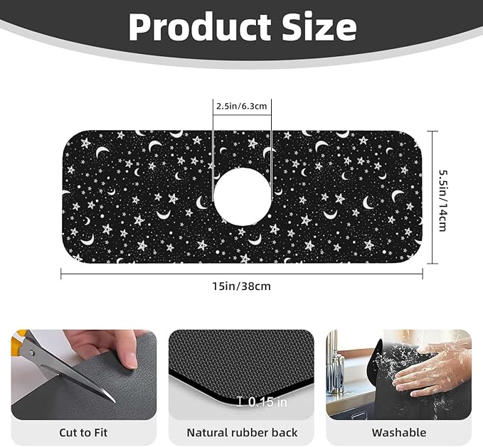 Black And White Moon Star Kitchen Sink Splash Guard Faucet Mat Super Absorbent - Image 2