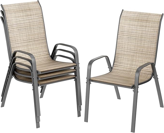 TLSUNNY Patio Chairs, Stackable Textilene Outdoor Dining Furniture for All Weather, with 17.7″ Wide Seat & Metal Frame, for Garden, Backyard, Deck, Restaurant, Poolside (4, Brown, 26.4″) by TLSUNNY