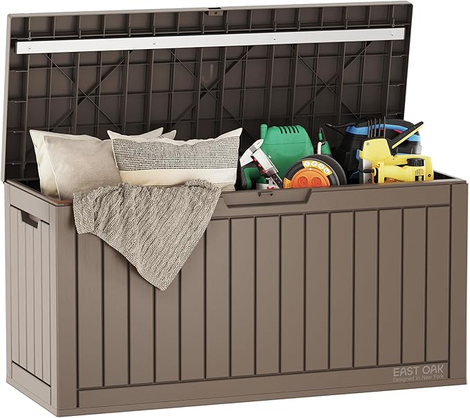 EAST OAK Outdoor Storage Box, 60 Gallon Deck Box Indoor and Outdoor Use, Waterproof Resin Storage Bin for Patio Cushions, Gardening Tools, Lockable, UV Resistant, Brown by EASTOAK