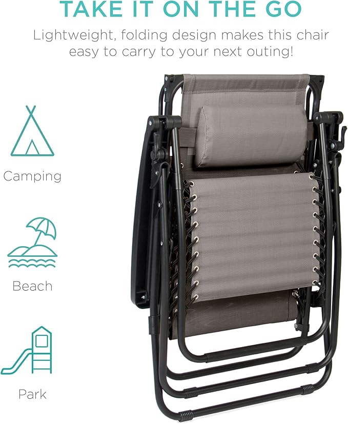 Best Choice Products Folding Zero Gravity Outdoor Recliner Patio Lounge Chair w/Adjustable Canopy Shade, Headrest, Side Accessory Tray, Textilene Mesh - Ice Gray - Image 8