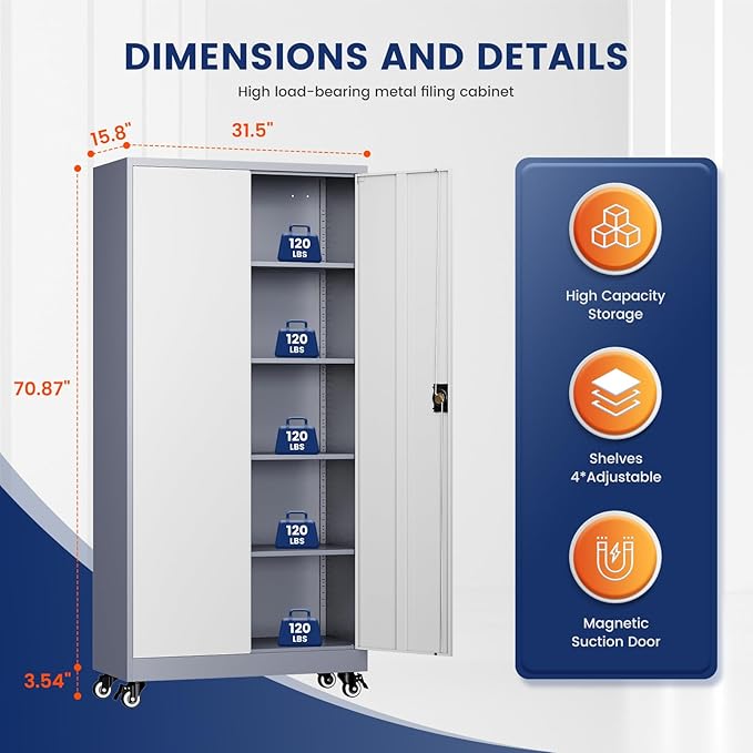 Yizosh Metal Garage Storage Cabinet with Locking Doors and Adjustable Shelves,- 75" Rolling Steel Tool Cabinet for Home Office,Garage,Warehouse - Image 3