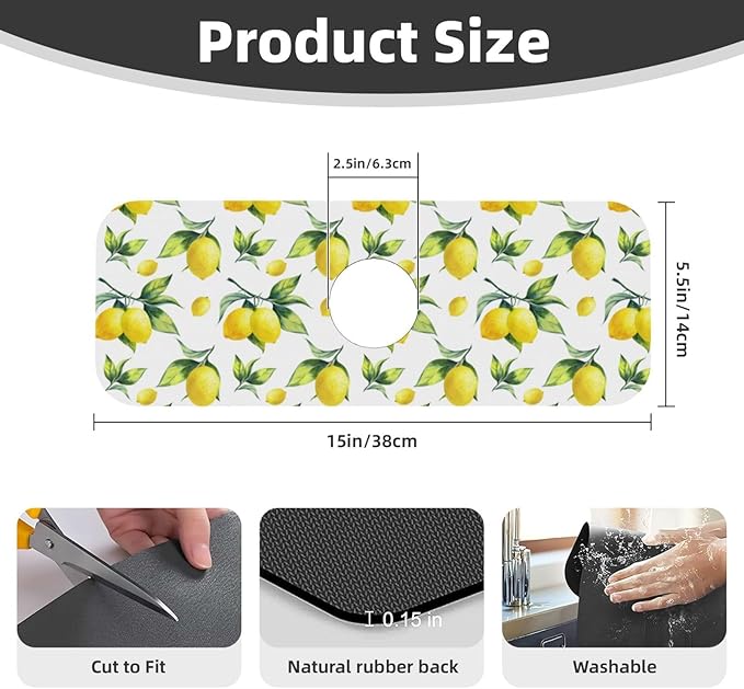 Yellow Lemon Green Leaves Kitchen Sink Splash Guard Faucet Mat Super Absorbent - Image 2