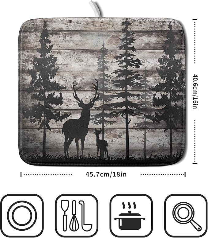 Forest Deer Dish Drying Mat Wildlife Animal Decorative Microfiber Dishes Pad - Image 2