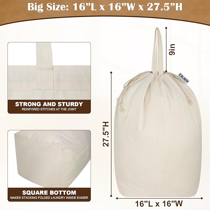 Canvas Laundry Bags with Handles & Square Base 16"Lx16"W x27.6"H, Extra Large - Image 3