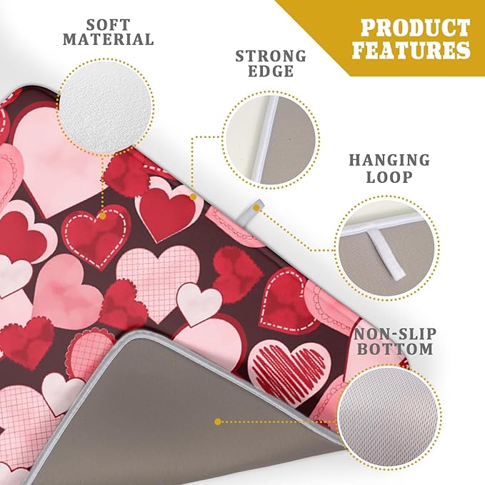 Valentines Day Dish Drying Mat for Kitchen Pink Red Hearts Absorbent Reversible - Image 4
