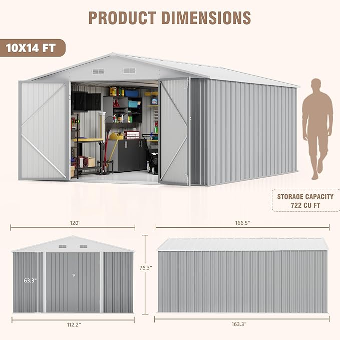 Greesum 10×14 FT Outdoor Storage Shed, Metal Storaged Sheds Without Floor, Tool Sheds with Lockable Doors and Sloping Roof for Garden, Patio, Gray - Image 2