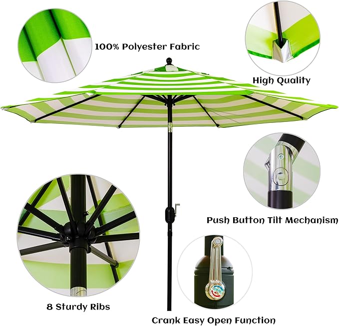 Sunnyglade 9' Patio Umbrella Outdoor Table Umbrella with 8 Sturdy Ribs (Grass Green and White) - Image 3