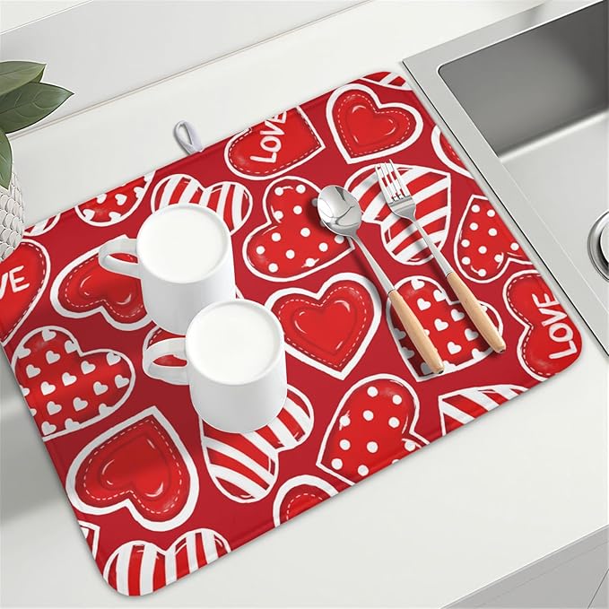 Valentines Day Dish Drying Mat for Kitchen Counter Red Polka Dot Stripe Love - Image 8